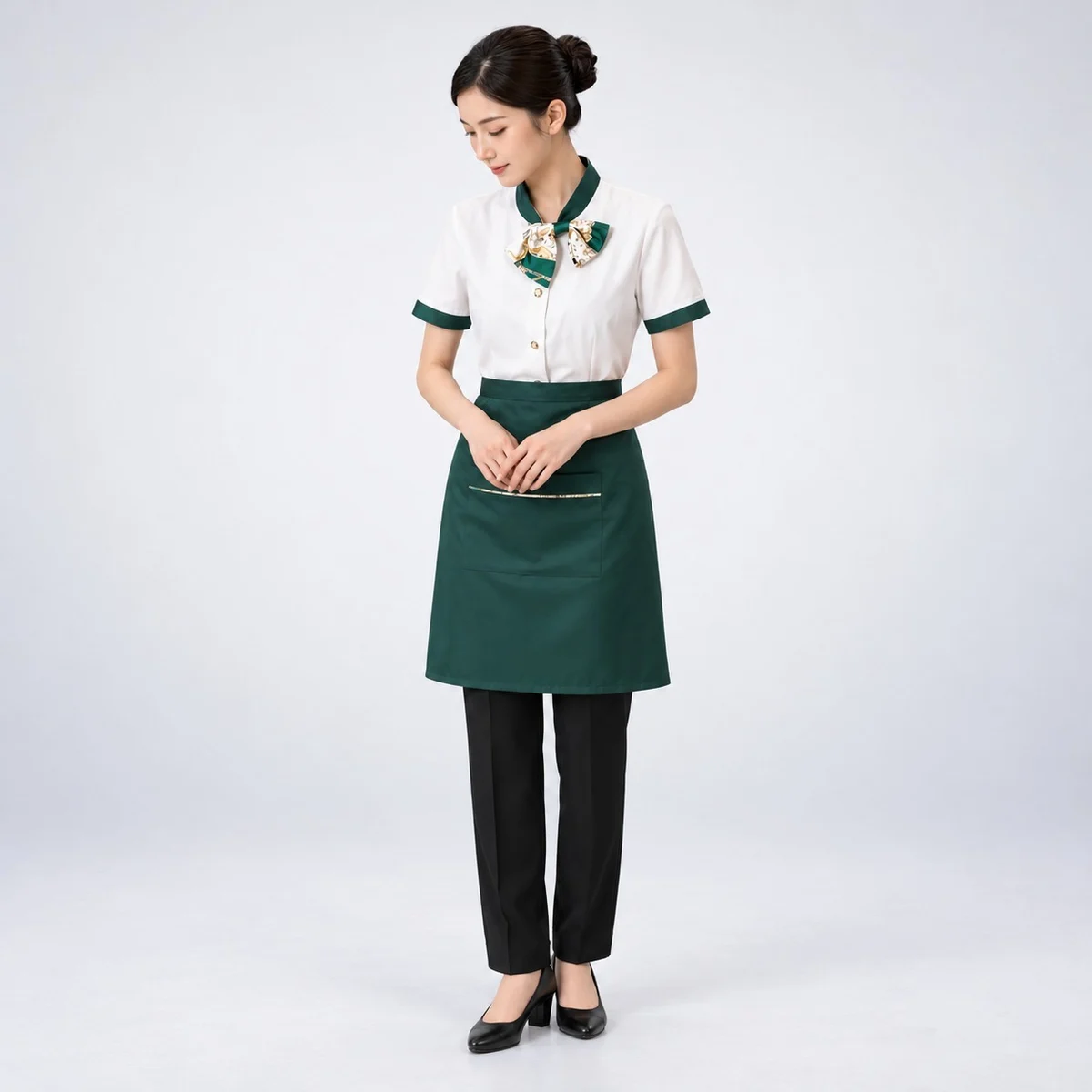 Womens Hospitality Uniform Set in White and Dark Green