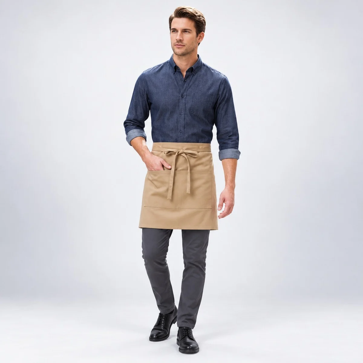 Mens Blue Shirt and Khaki Waiter Apron Set