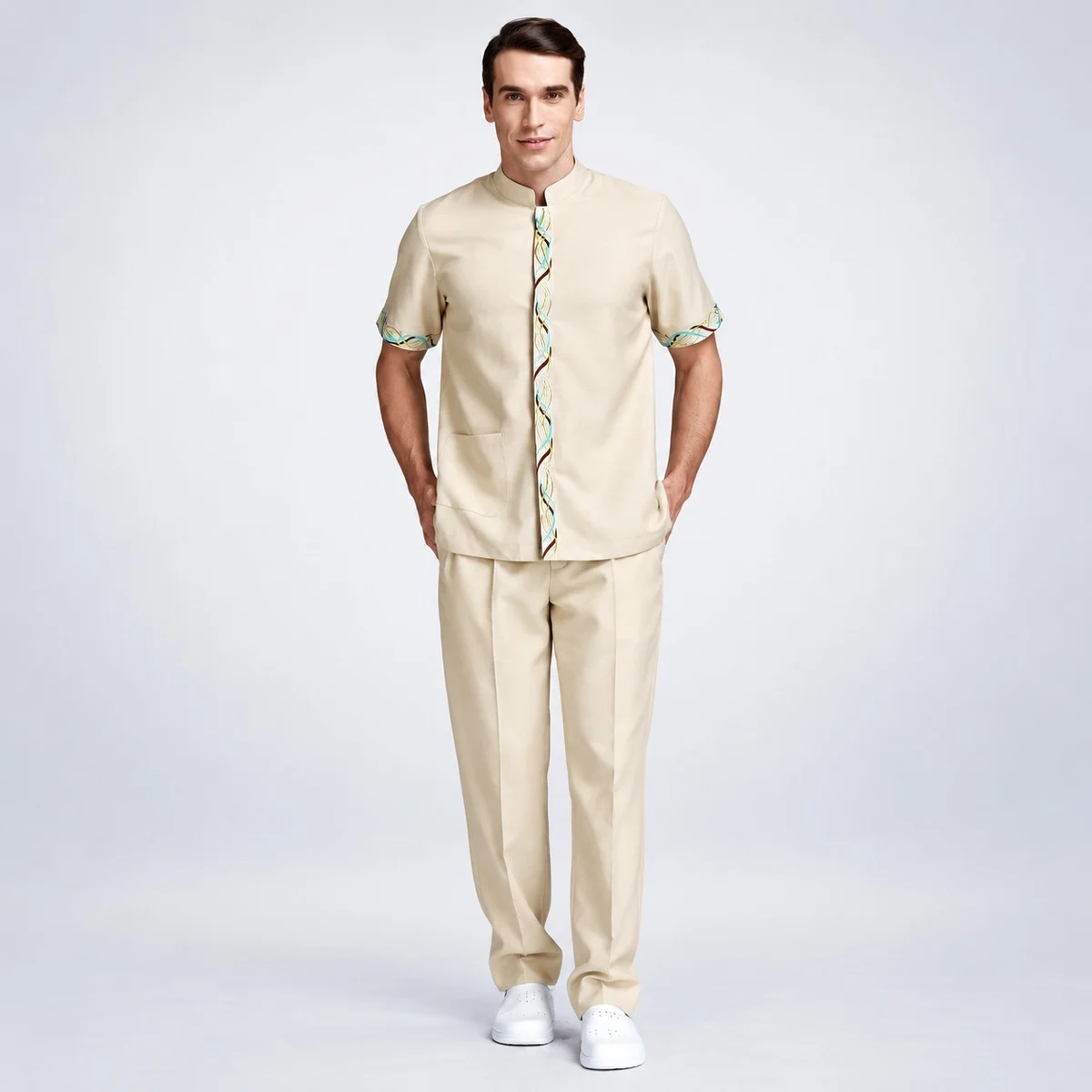Beige Men's Hospitality Uniform Set with Decorative Trim