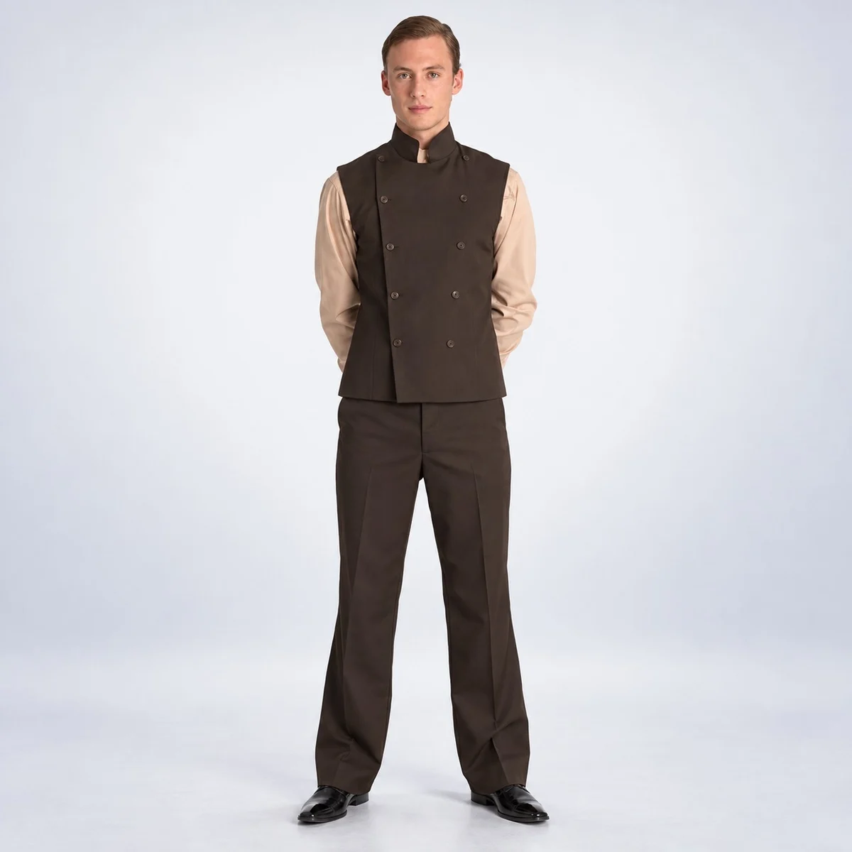 Mens Brown Waiter Uniform Set with Double-Breasted Vest