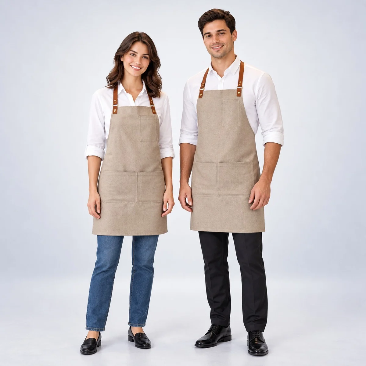 Beige Bib Apron with Brown Straps