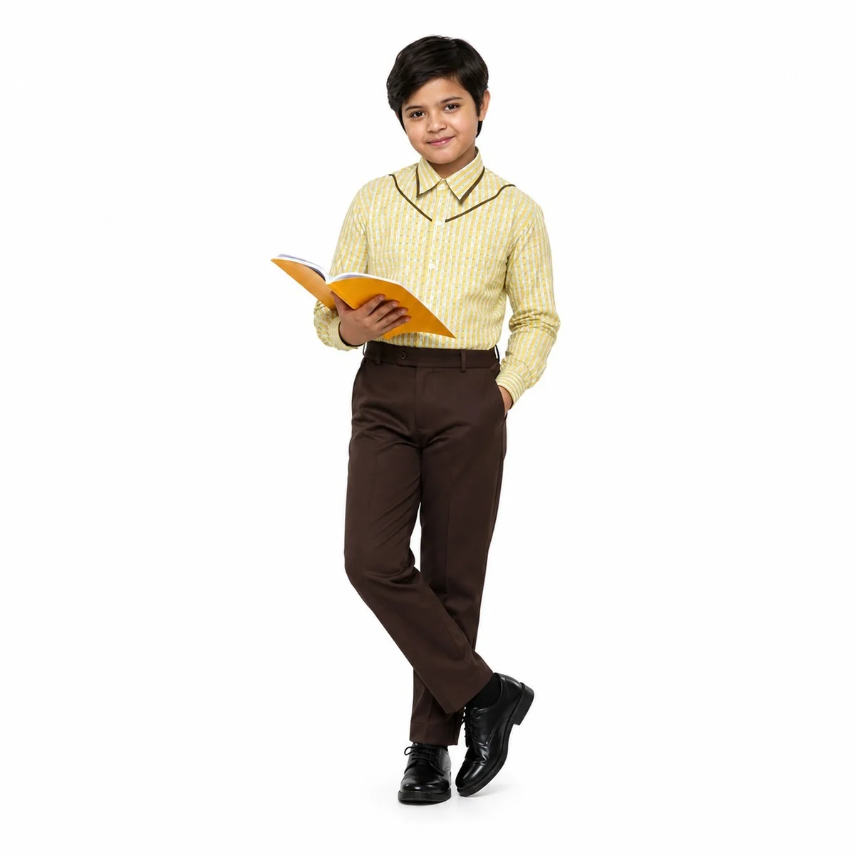 Yellow Striped Shirt and Brown Trouser School Uniform Set