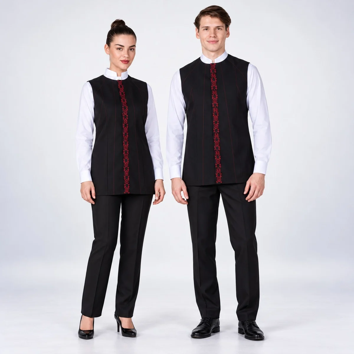 Black and White Hospitality Uniform Set with Red Embroidery
