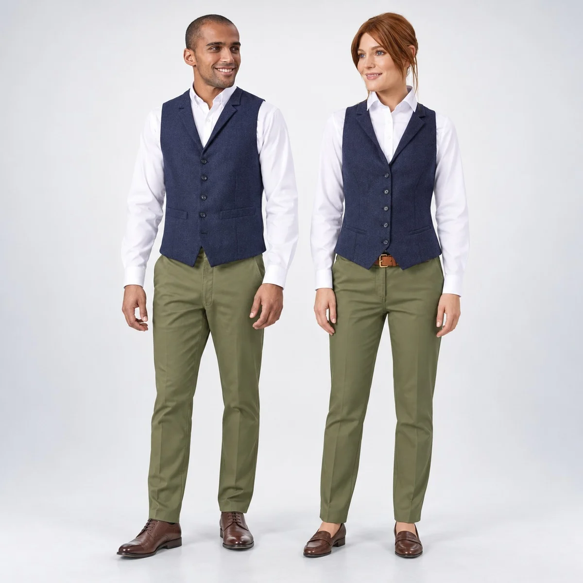 Navy Waistcoat and Olive Trouser Hospitality Uniform Set