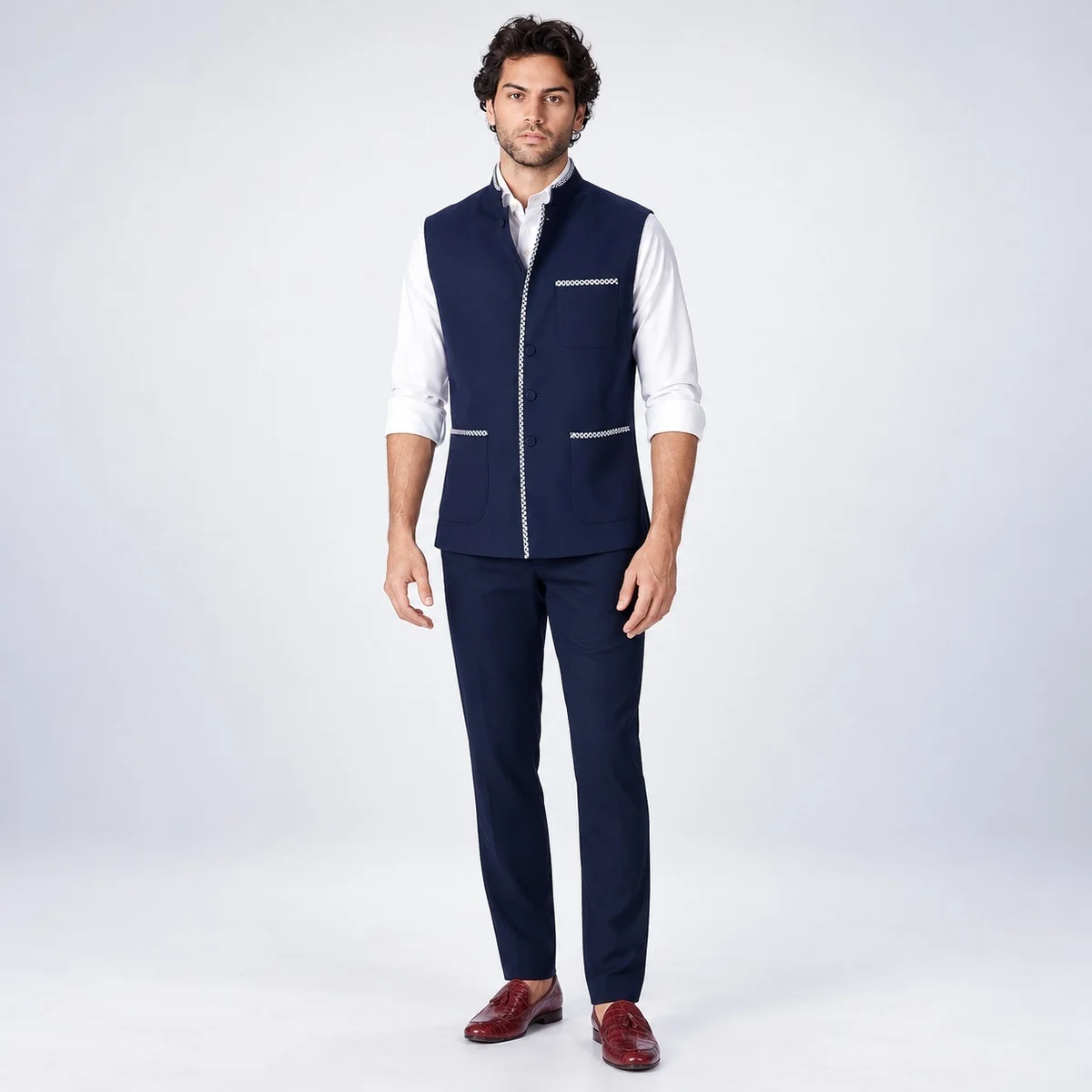 Navy Blue Bandhgala Waistcoat And Trouser Set