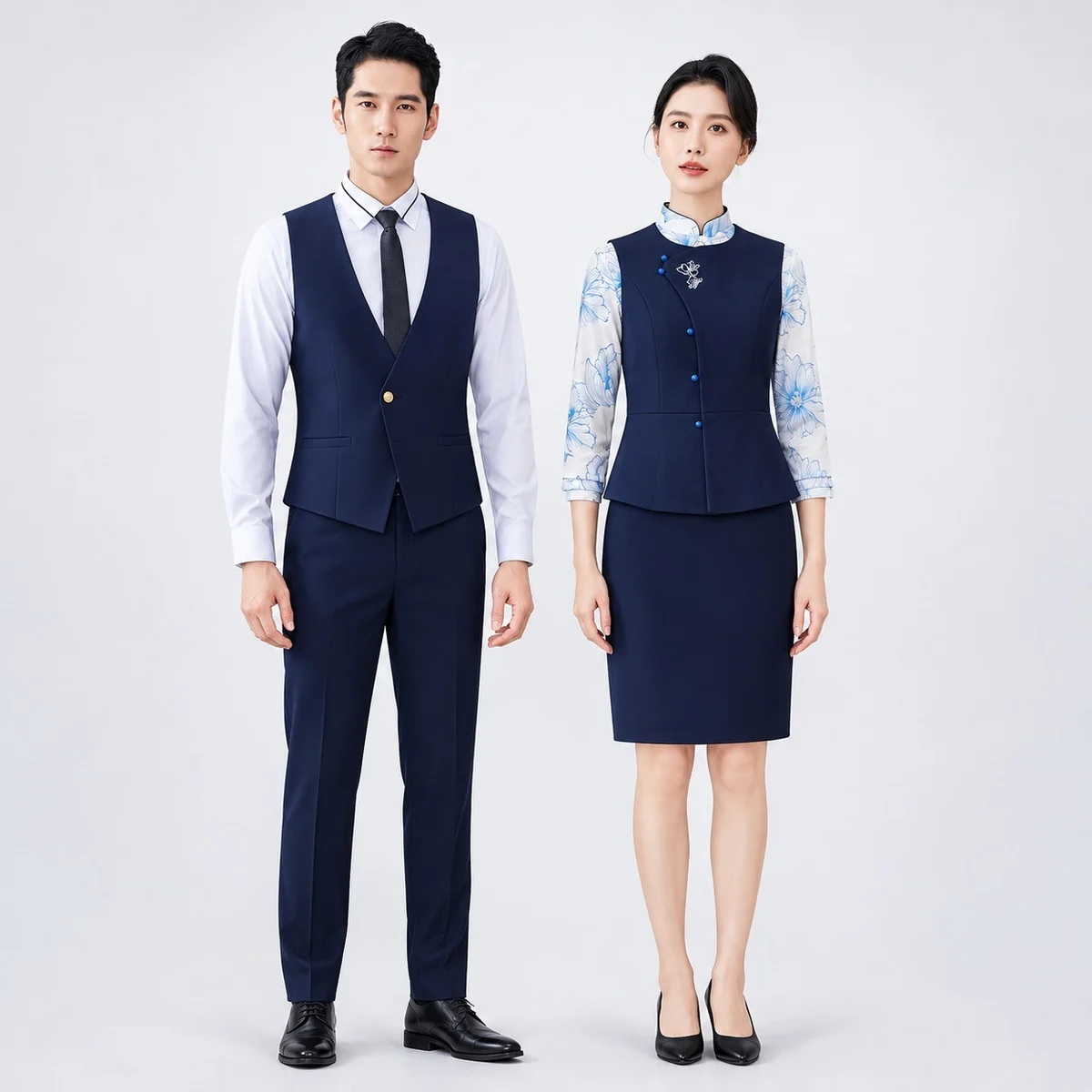 Navy Blue And White Hospitality Uniform Set