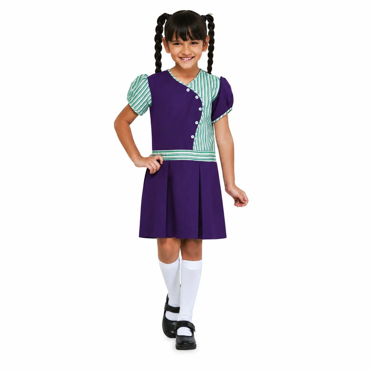 Purple and Green Striped Panel Girls School Dress