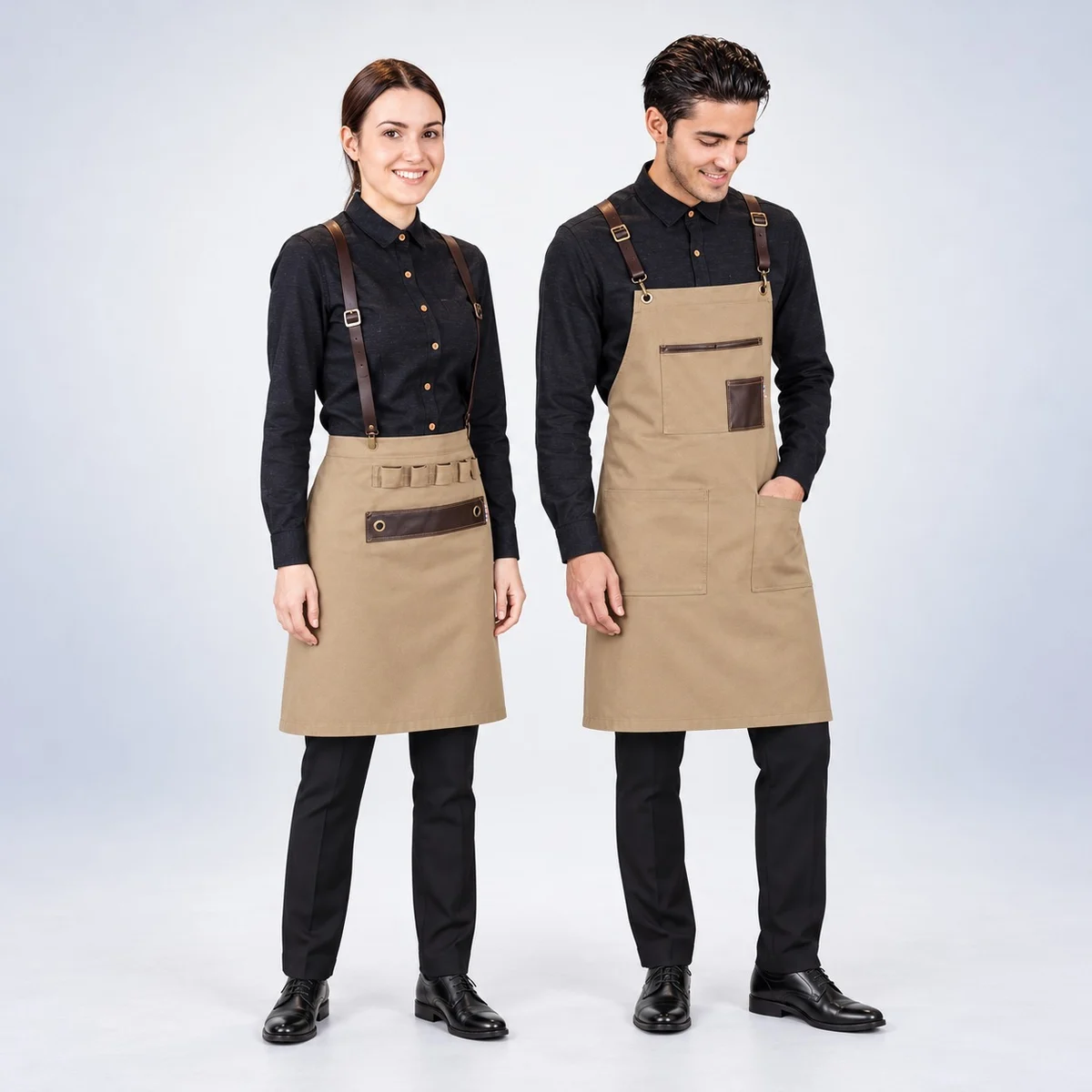 Khaki and Black Hotel Uniform Apron and Shirt Set