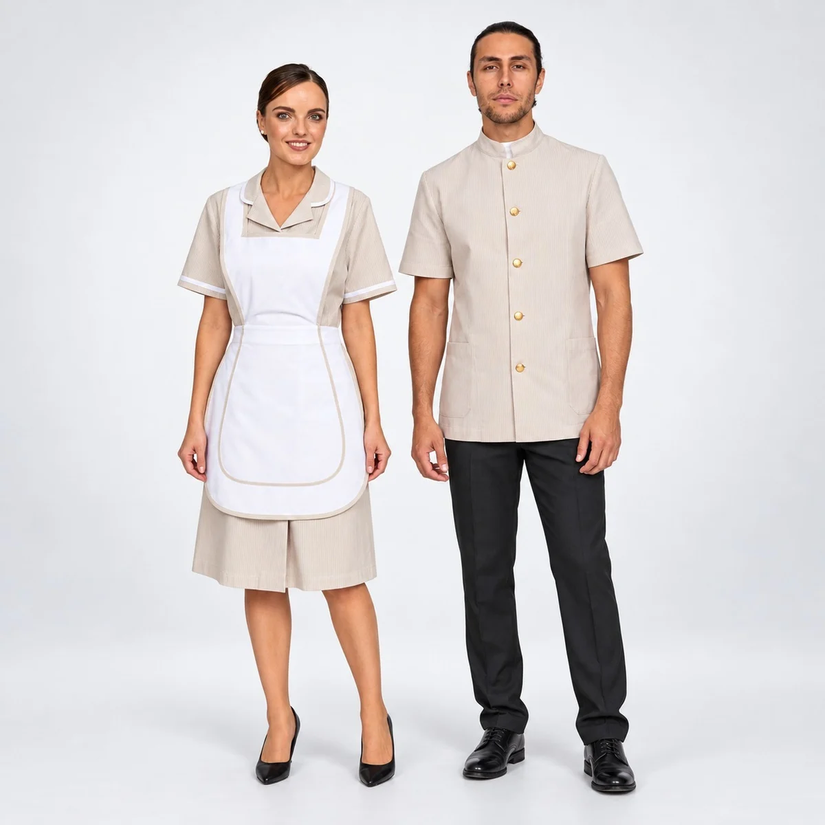 Beige and White Hotel Staff Uniform Set