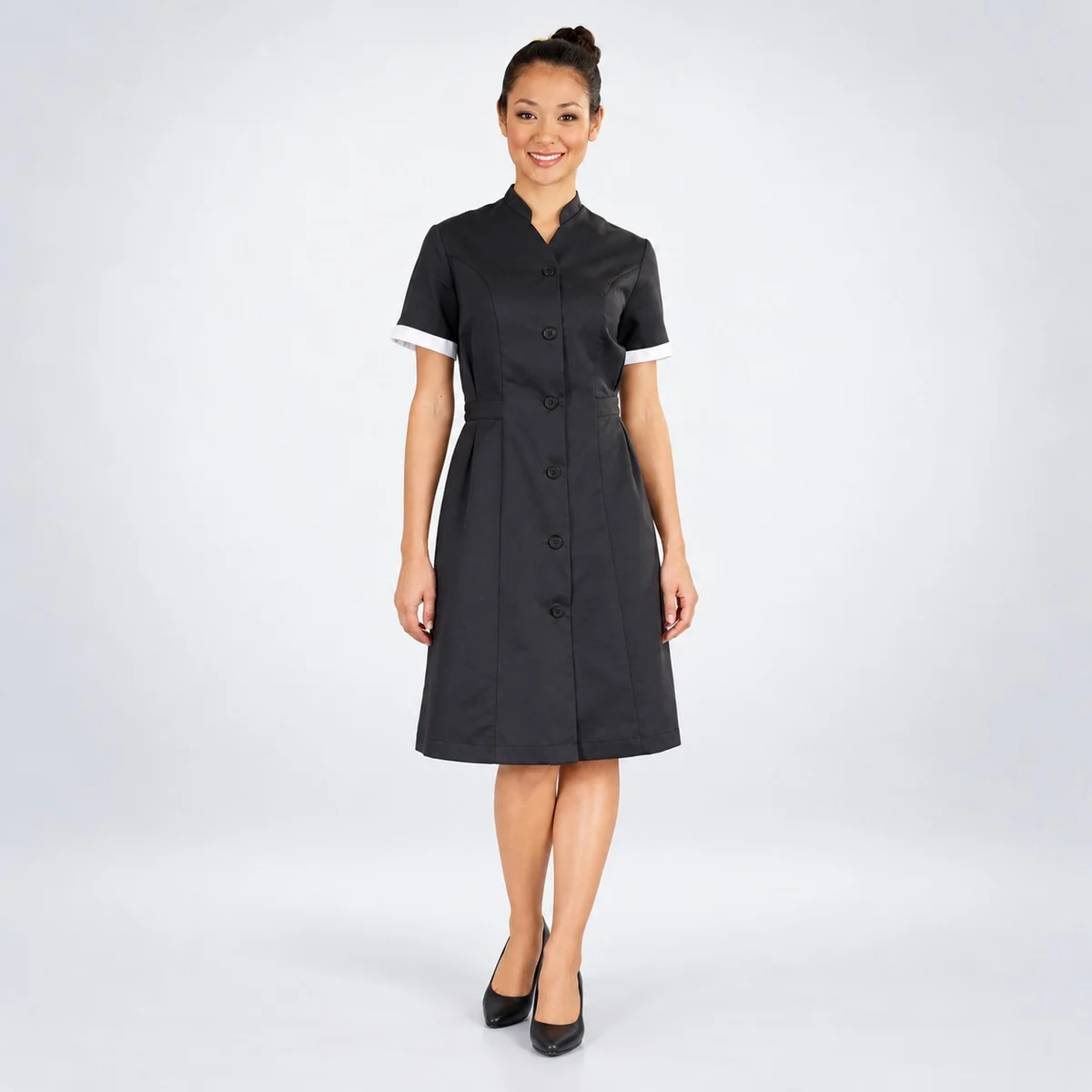 Black Hotel Housekeeping Dress with Mandarin Collar