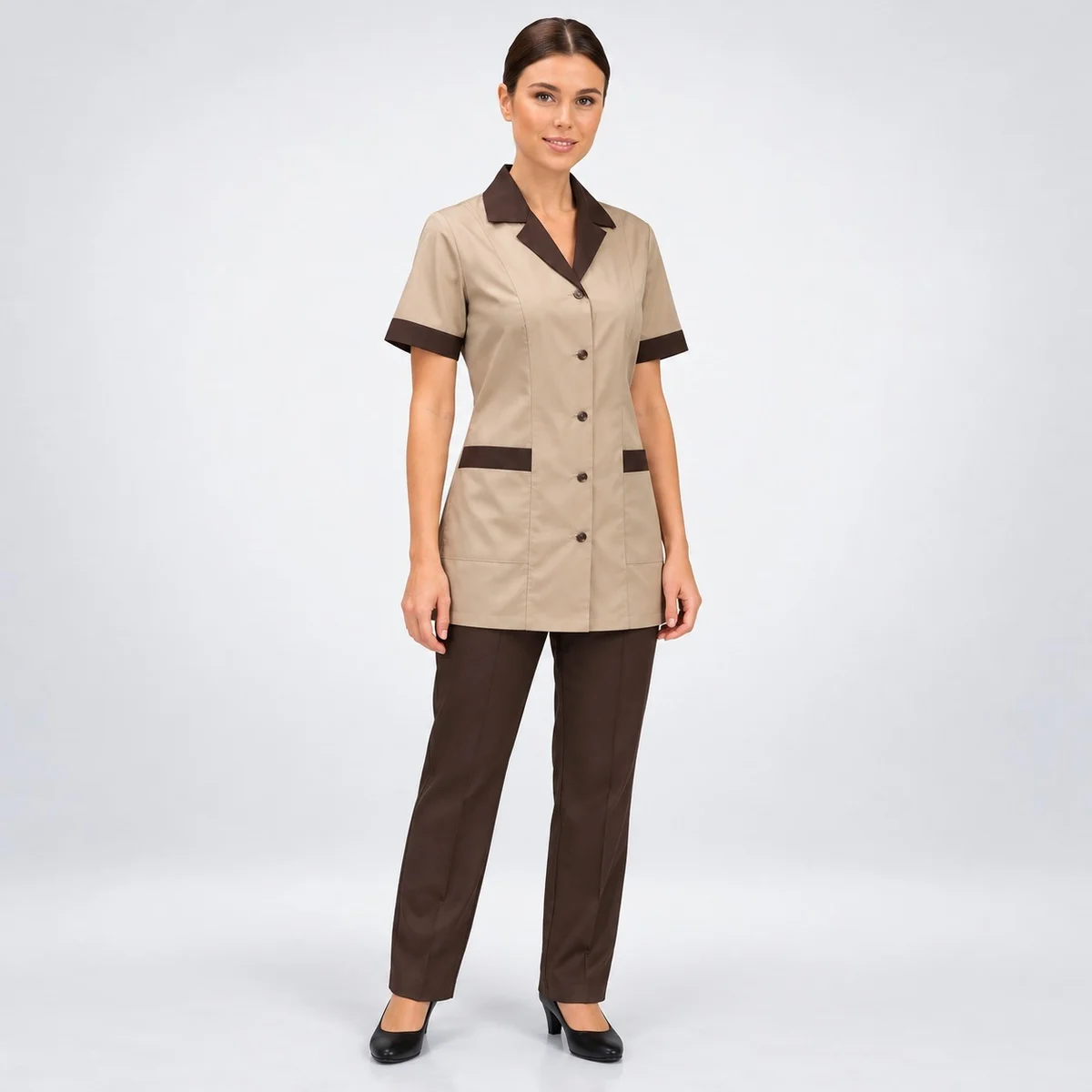 Beige and Brown Housekeeping Tunic and Trouser Set