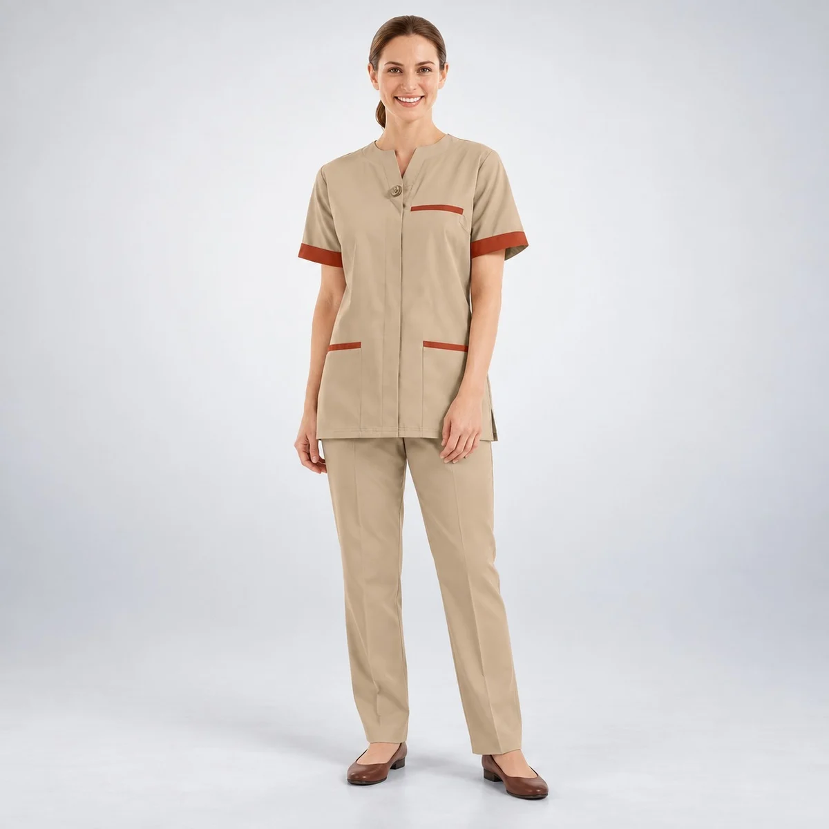 Beige and Rust Women's Hotel Tunic and Trouser Set
