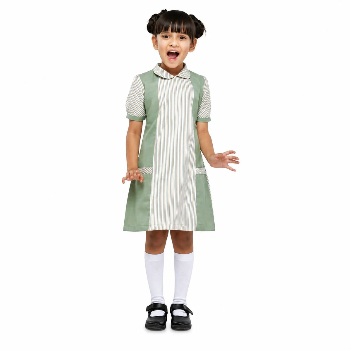 Green and White Striped School Pinafore Dress