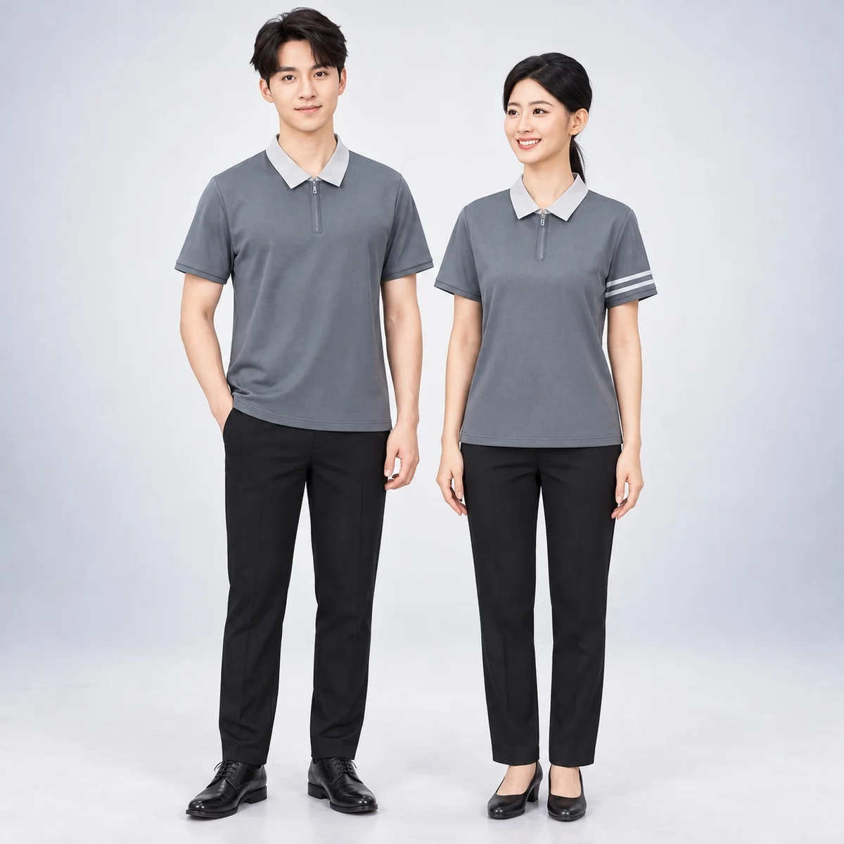 Grey Zipper Polo and Black Trouser Corporate Uniform Set