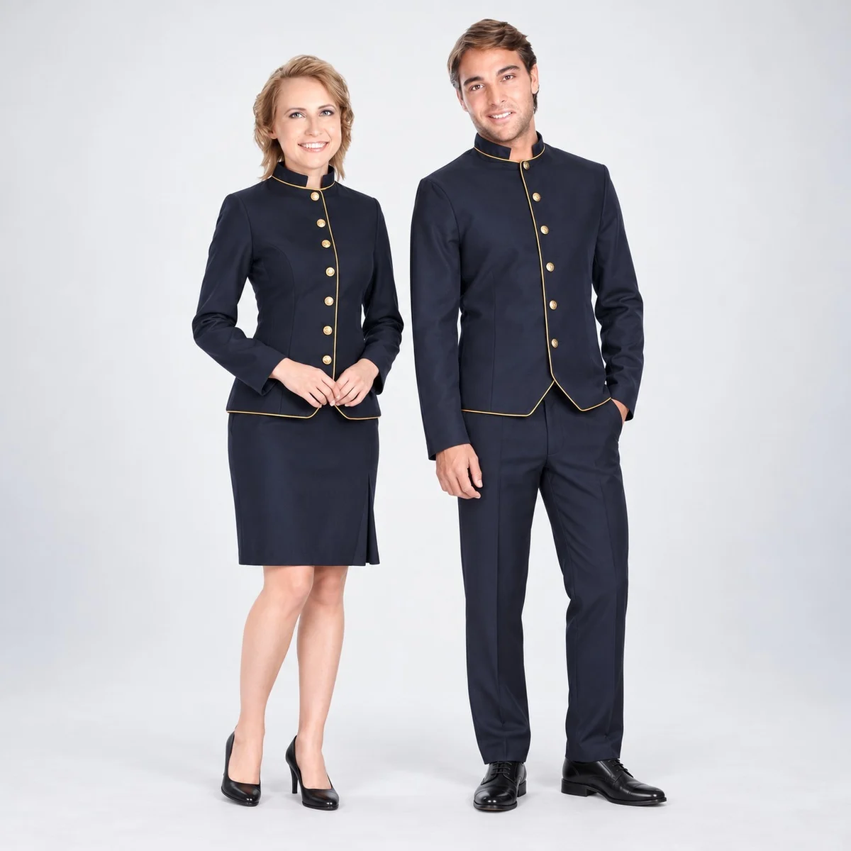 Navy Blue Hotel Uniform Set with Gold Piping
