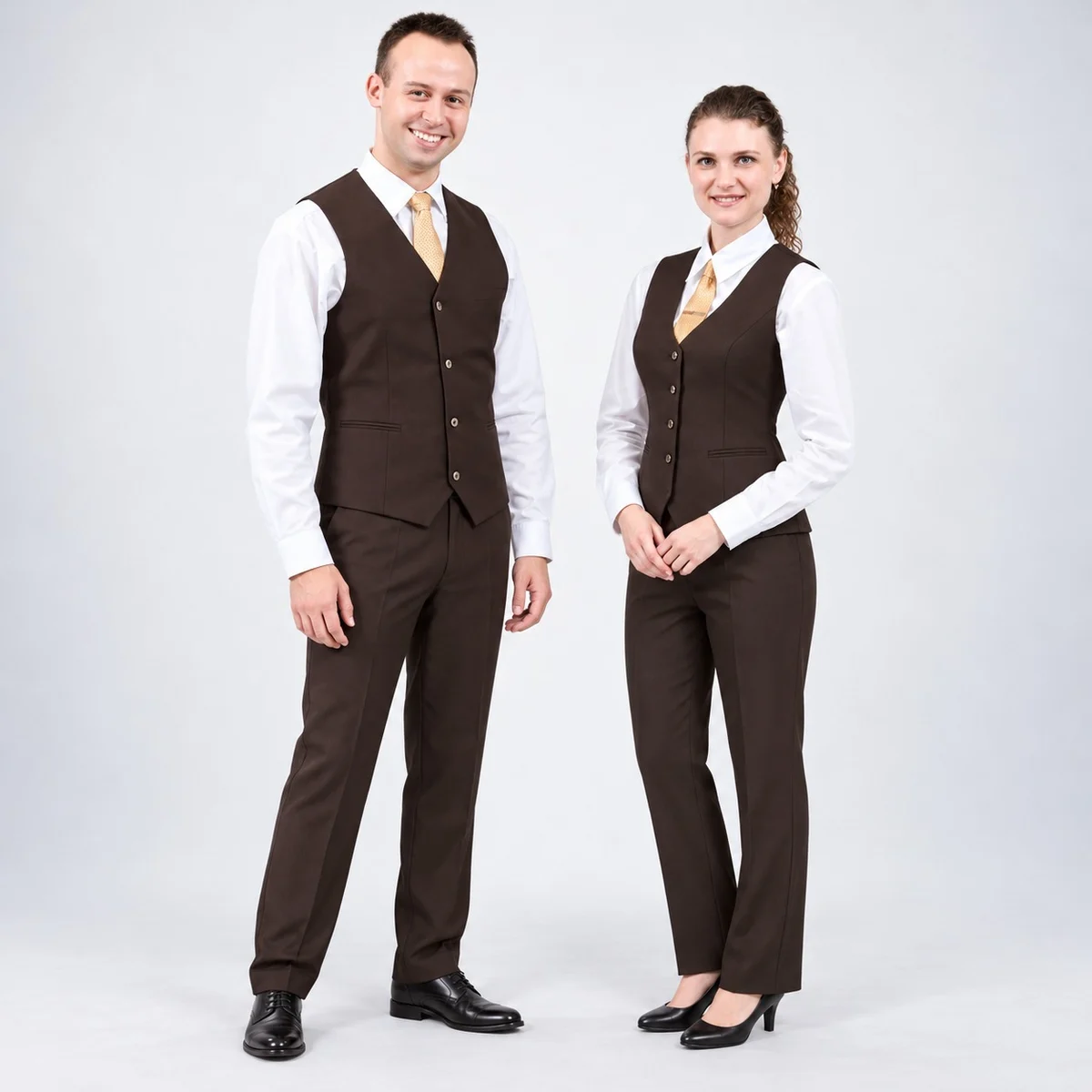 Brown and White Hotel Uniform Three-Piece Set