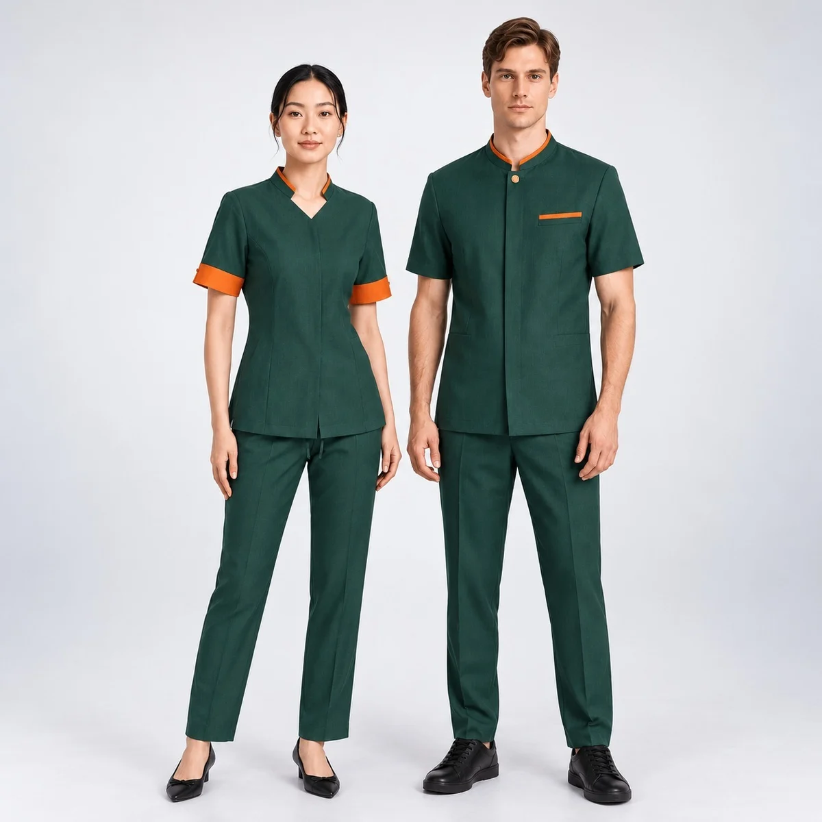 Dark Green and Orange Hospitality Uniform Set