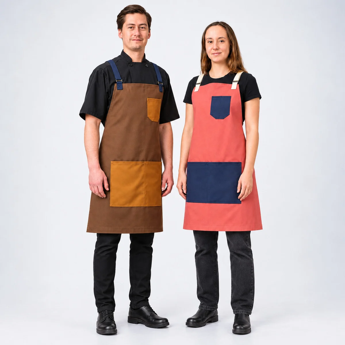 Brown and Coral Cotton Twill Bib Chef Aprons