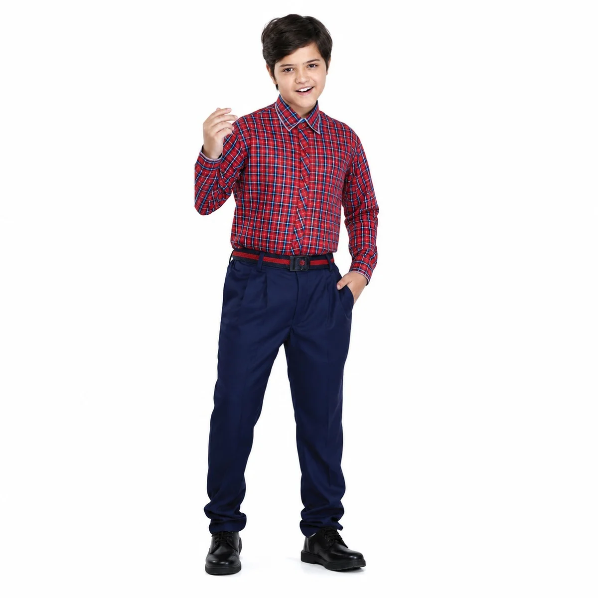 Red Checked Shirt and Navy Blue Trousers School Uniform Set