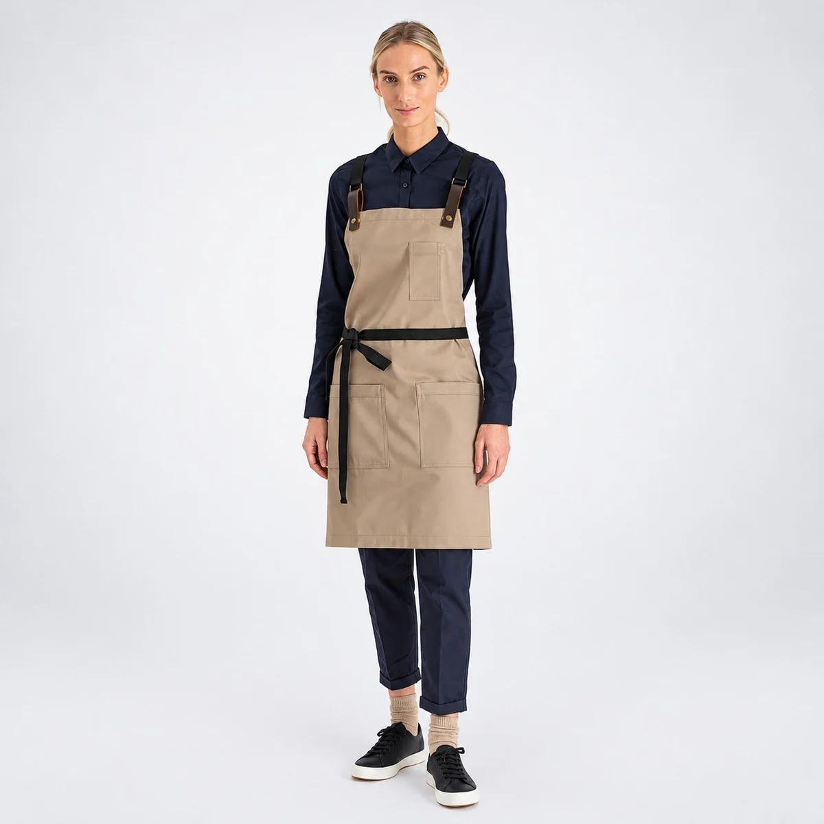 Khaki Cotton Twill Bib Apron with Utility Pockets
