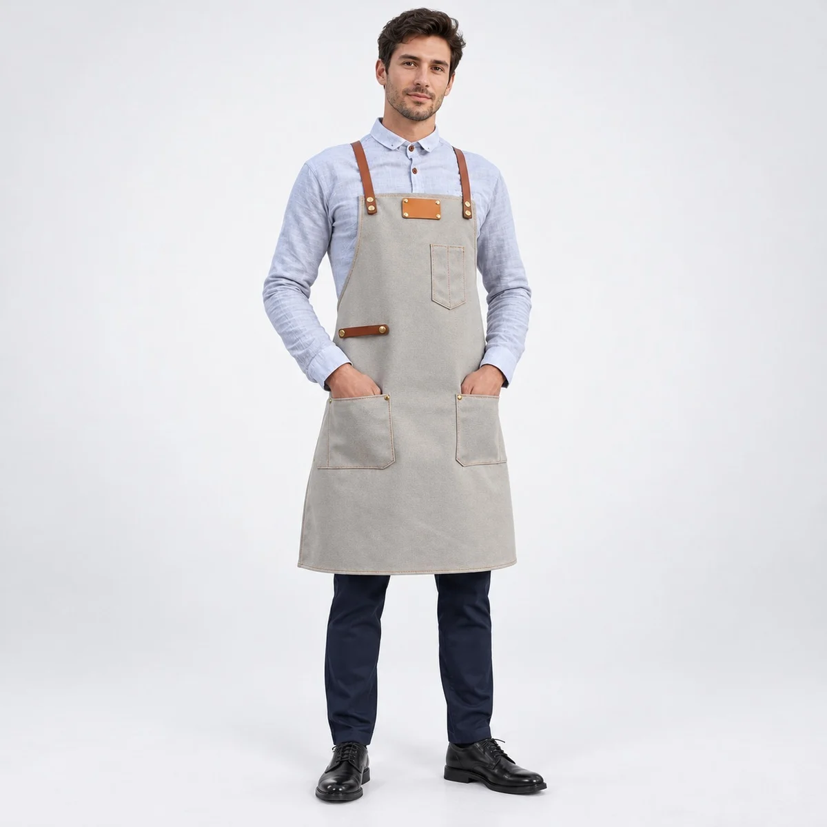 Beige Cotton Twill Chef Apron with Faux-Leather Straps