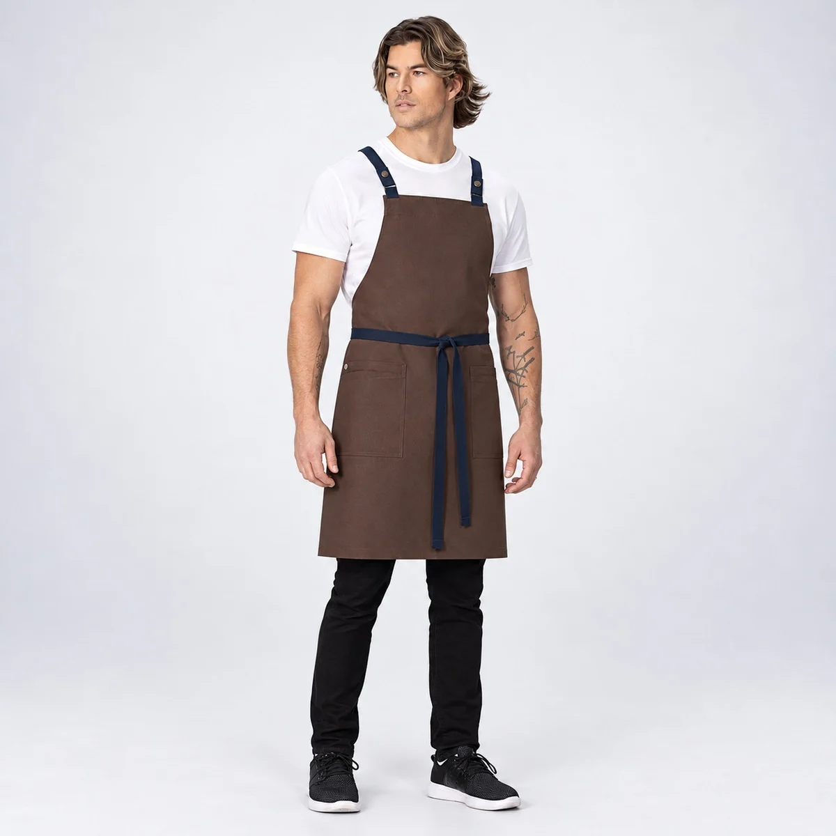 Brown Canvas Bib Apron with Blue Straps