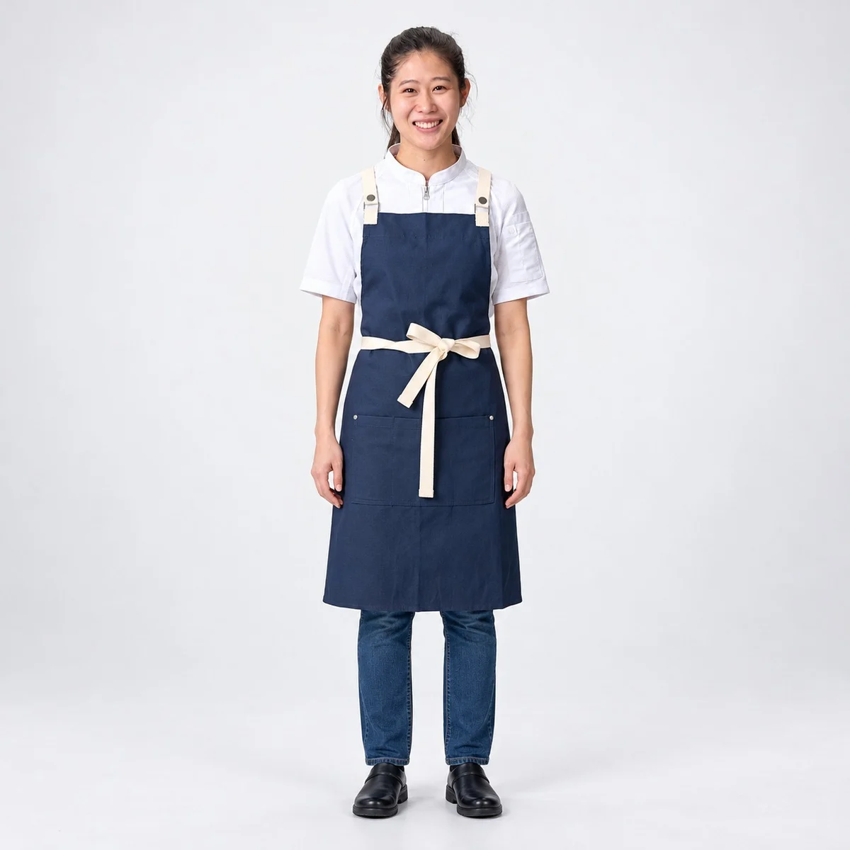 Navy Blue Cotton Twill Bib Apron with Contrast Straps