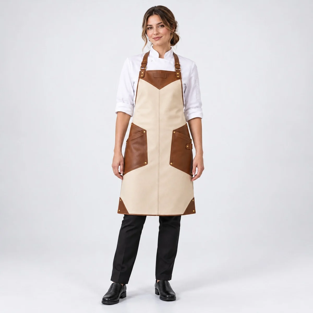 Beige and Brown Canvas Bib Apron with Leather Trim