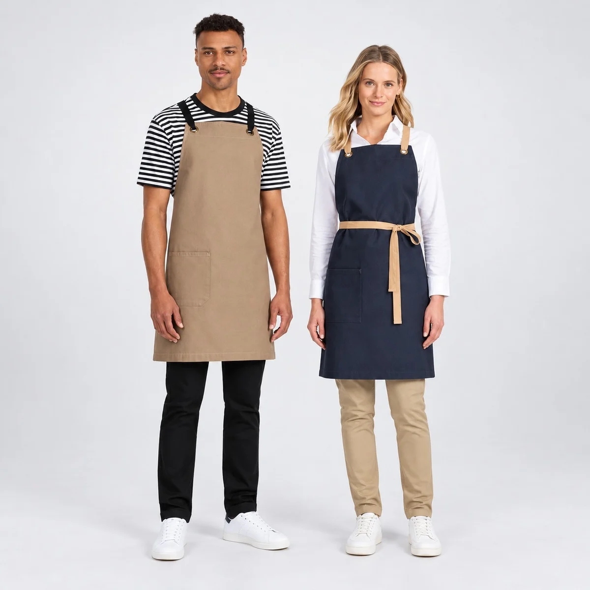Beige and Navy Cotton Twill Bib Apron