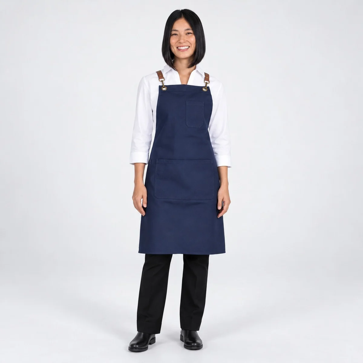 Navy Blue Cotton Twill Bib Apron with Leather Straps