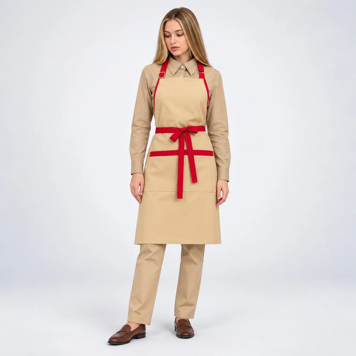 Beige and Red Womens Chef Uniform Set