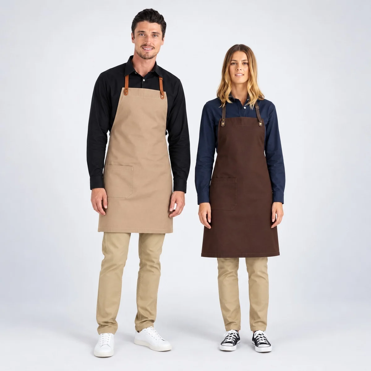 Beige and Brown Cotton Twill Bib Apron