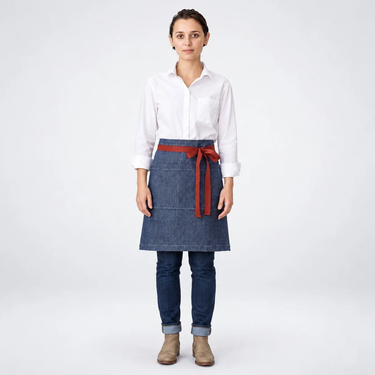 Blue Denim Waist Apron with Red Straps