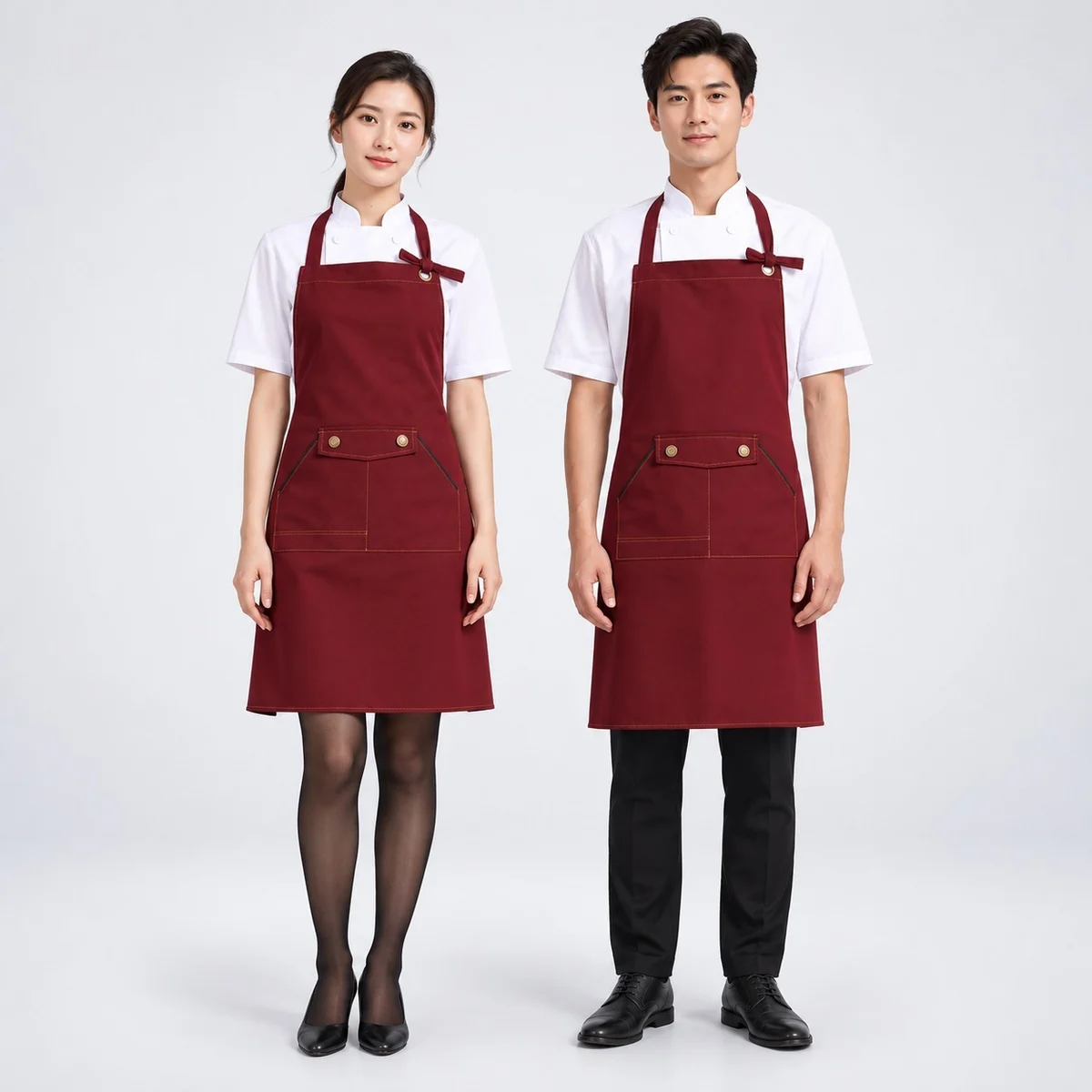Maroon Apron and White Shirt Hotel Uniform Set