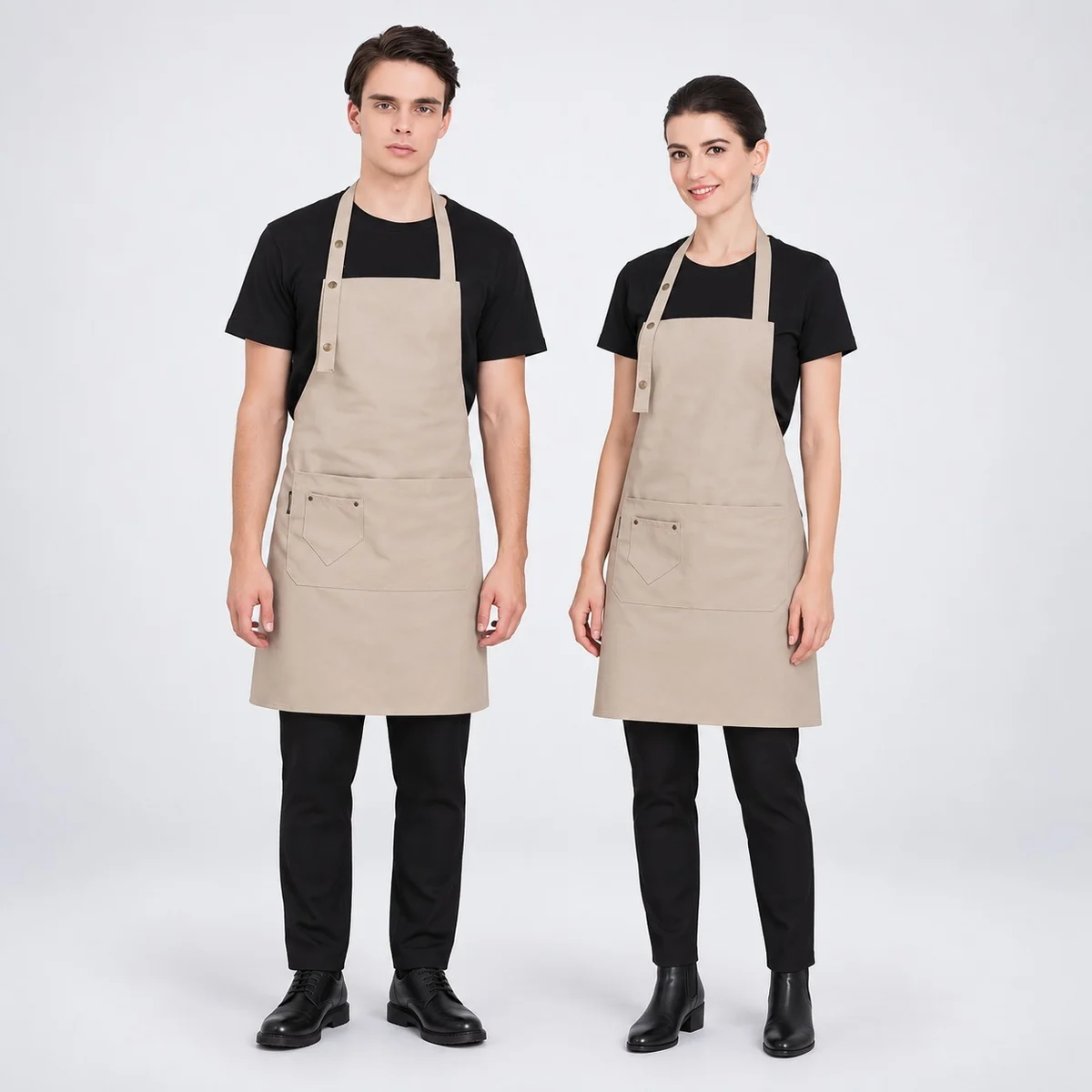 Beige Cotton Canvas Bib Apron with Riveted Pockets