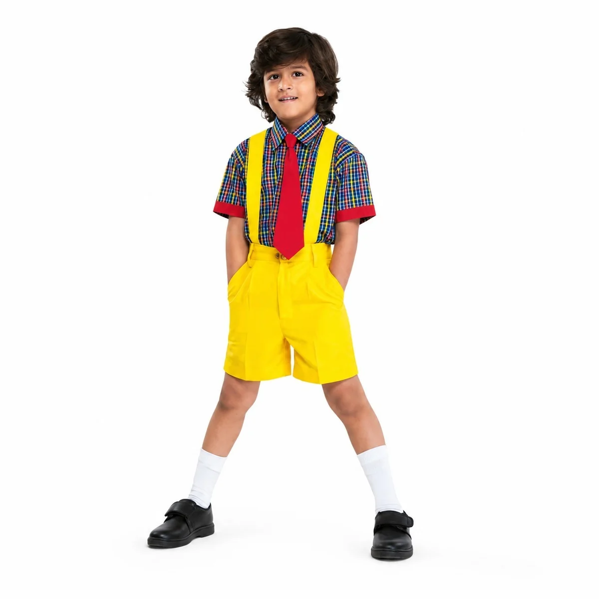Kids Plaid Shirt And Yellow Shorts School Uniform Set