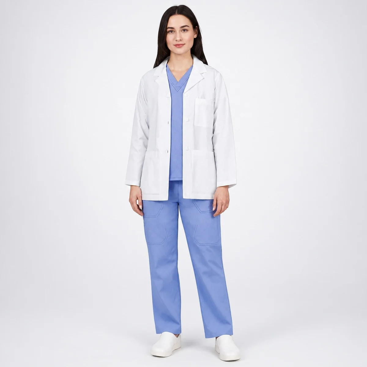 Womens White Lab Coat and Blue Scrub Set