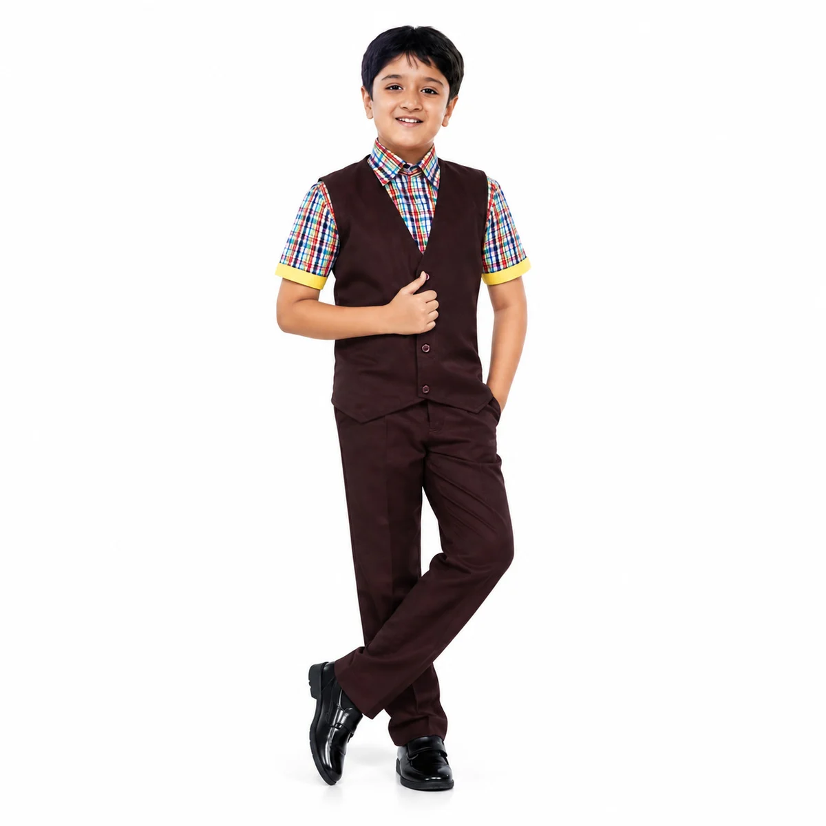 Maroon Waistcoat and Multi-Color Plaid School Uniform Set