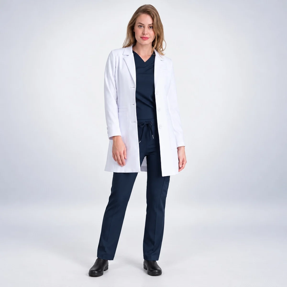 Womens White Lab Coat and Navy Blue Scrub Set