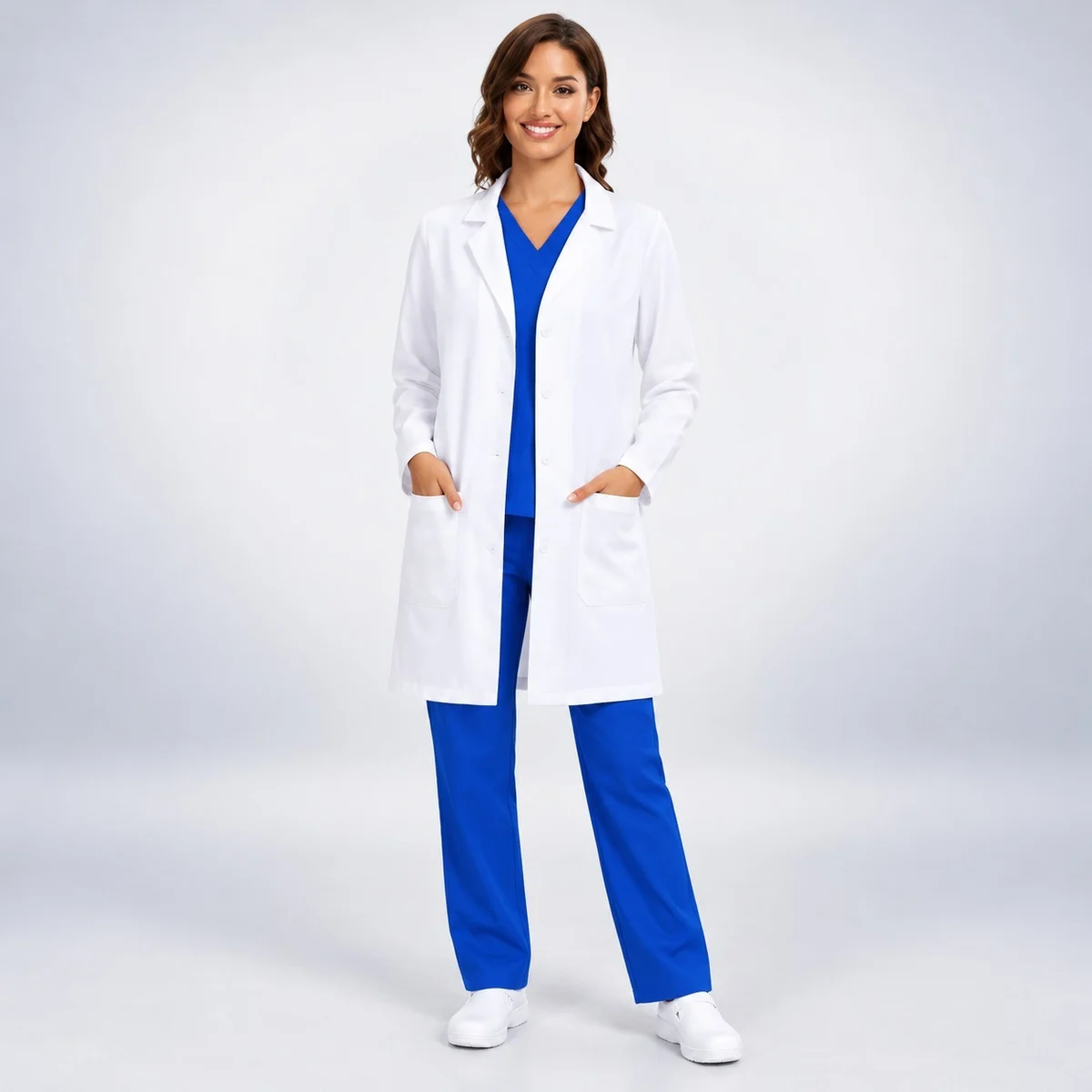 Womens White Lab Coat and Royal Blue Scrub Set