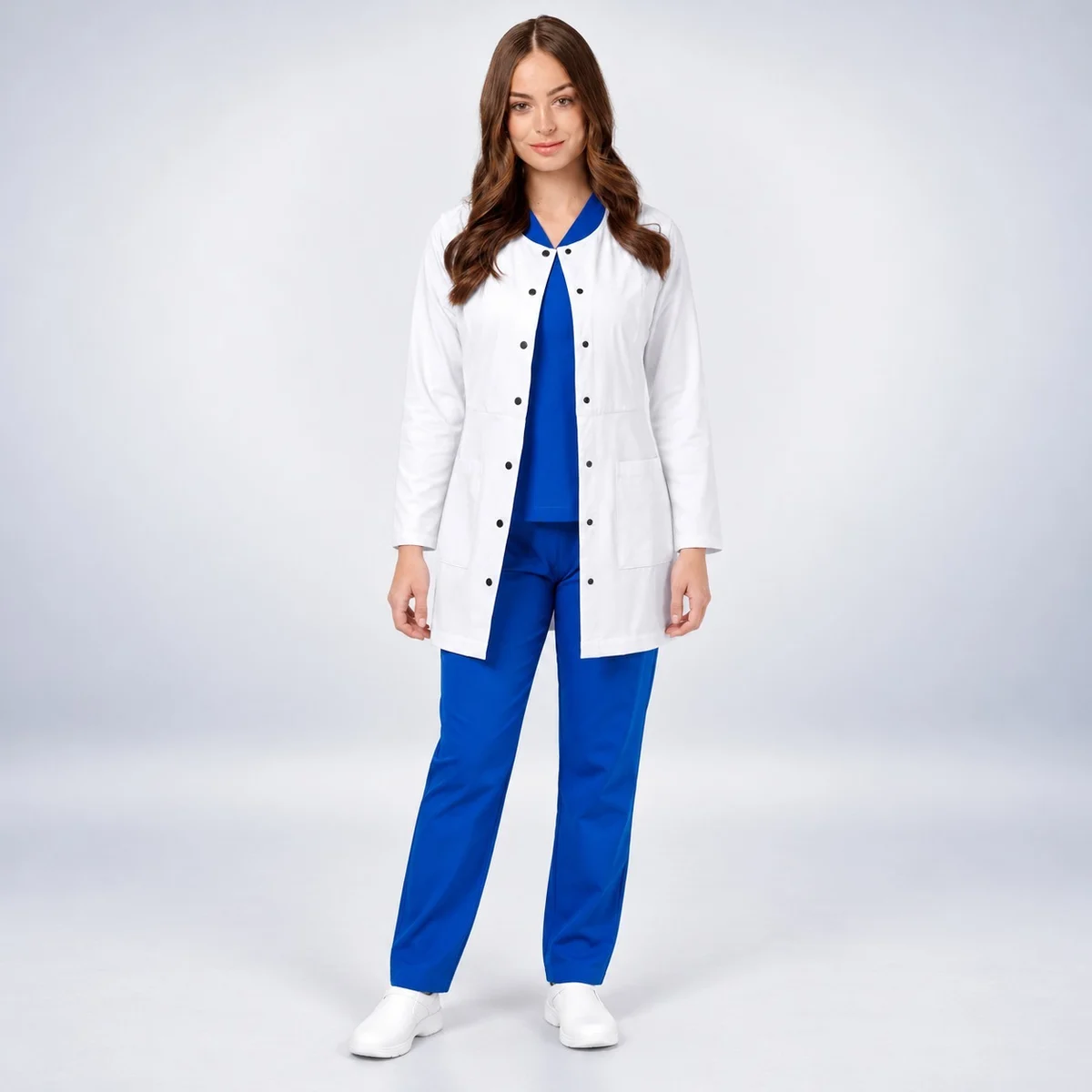Womens White and Royal Blue Scrub Jacket and Trousers Set