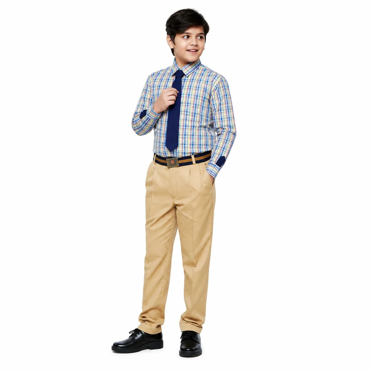 Boys School Uniform Set with Plaid Shirt and Khaki Trousers