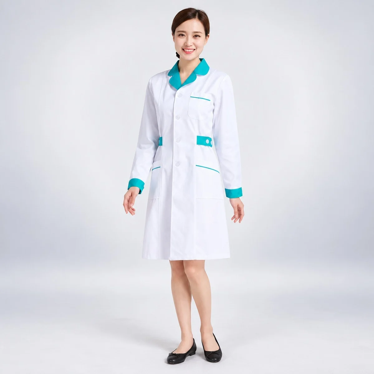 Womens White Nurse Coat with Teal Trim