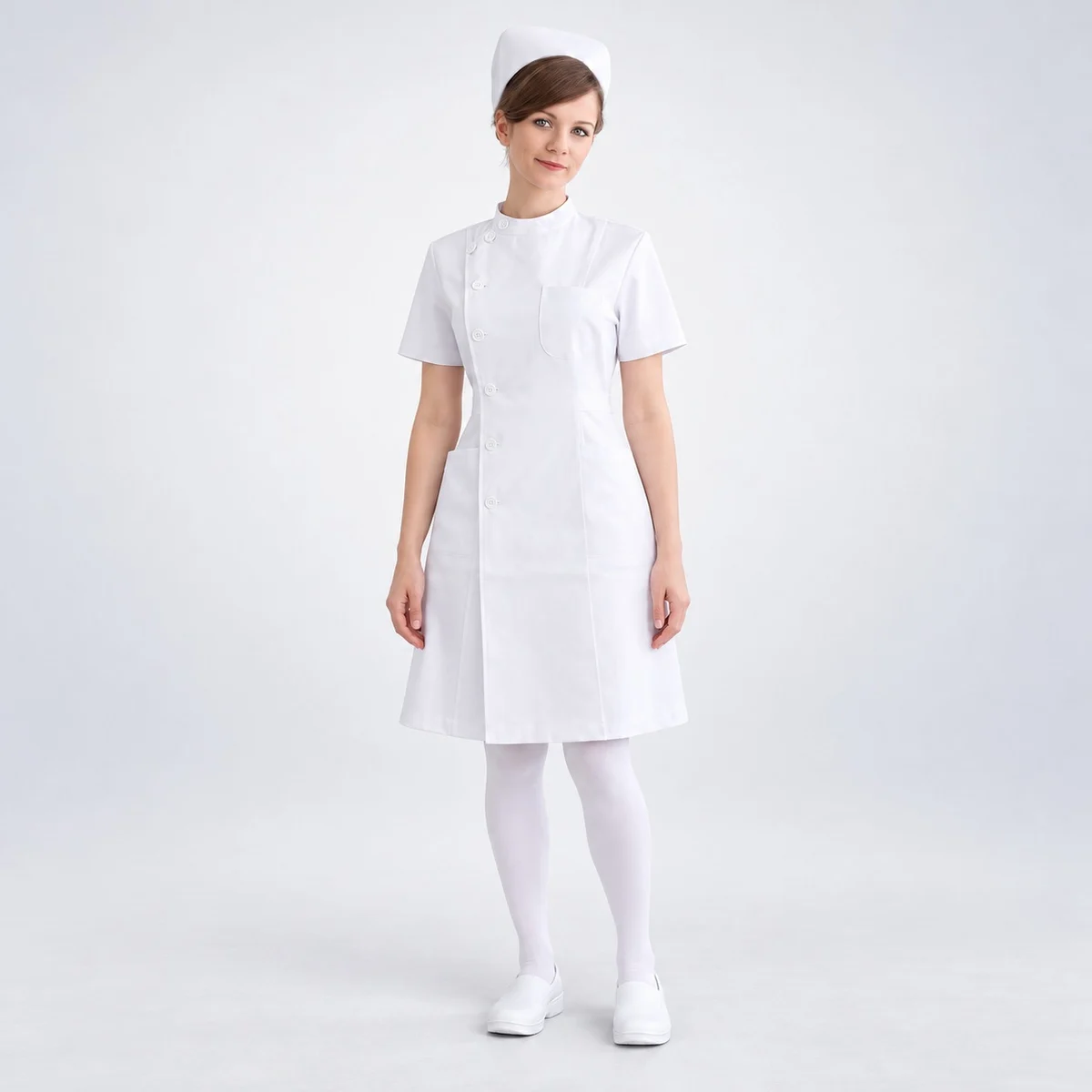White Asymmetrical Nurse Uniform Dress and Cap
