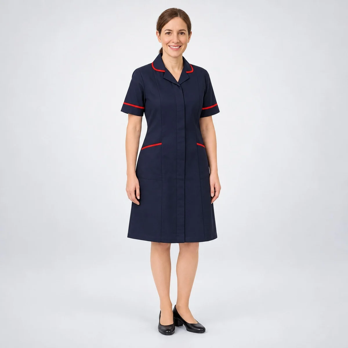 Navy Blue Nurse Uniform Dress with Red Trim
