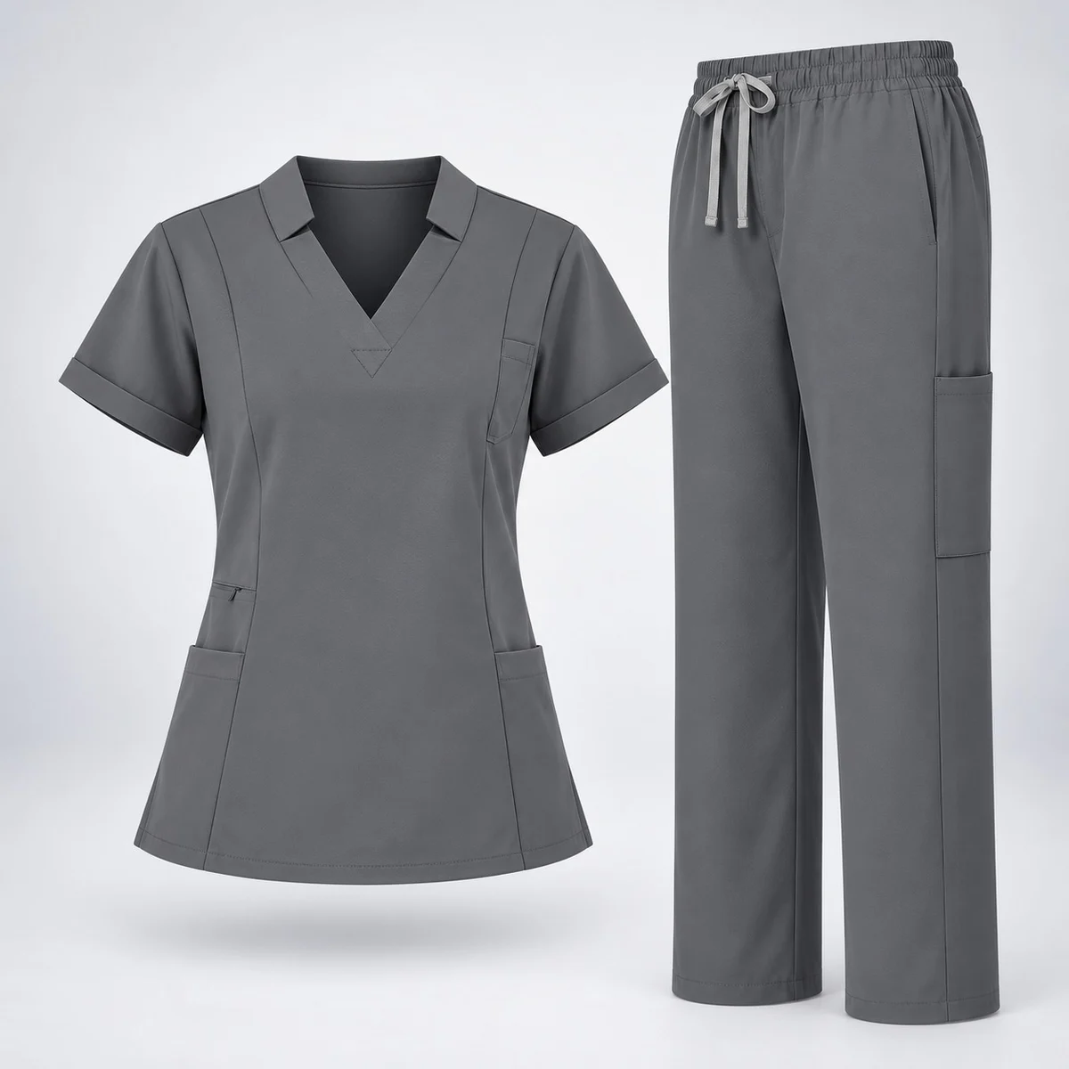 Dark Grey Poly-Cotton Women's V-Neck Scrub Set