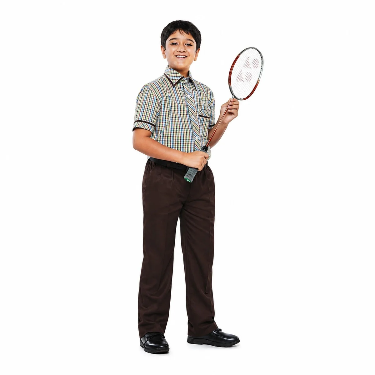 Boys School Uniform Set - Checkered Shirt and Brown Trousers