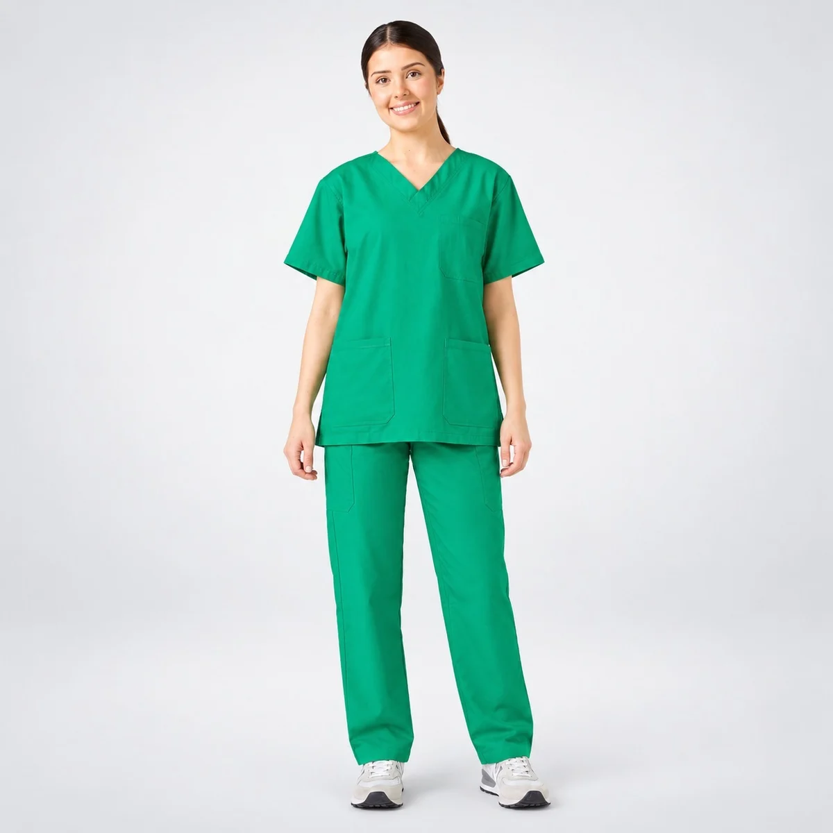 Womens Green Poly-Cotton V-Neck Scrub Set