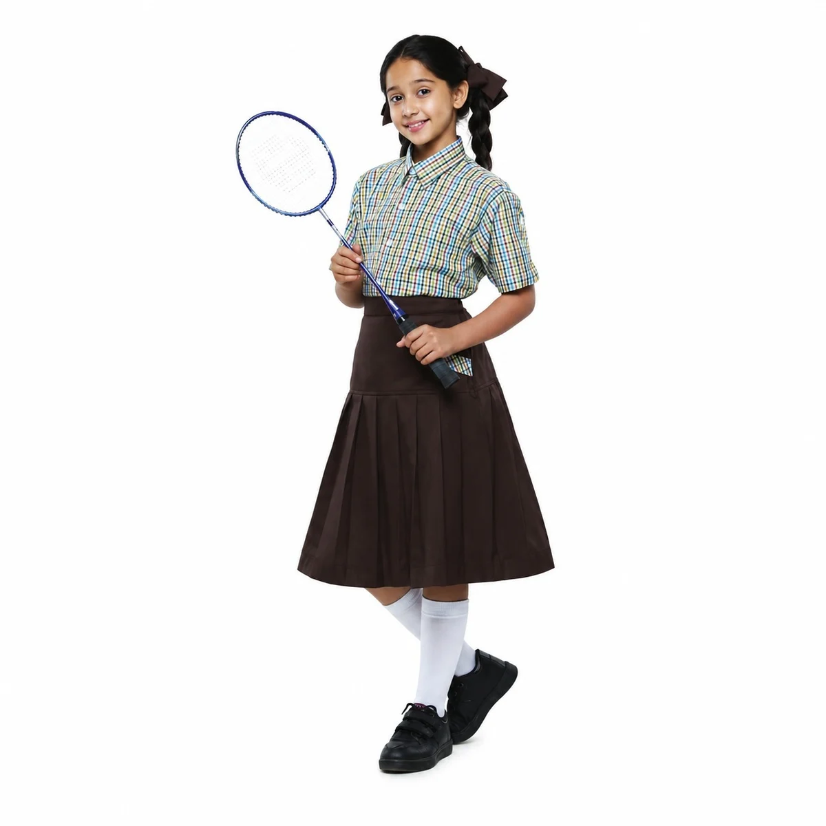 Checked Shirt and Brown Pleated Skirt School Uniform Set