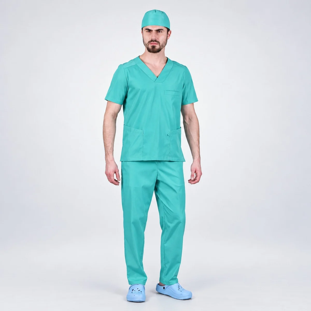 Mens Teal Medical Scrub Set with Cap